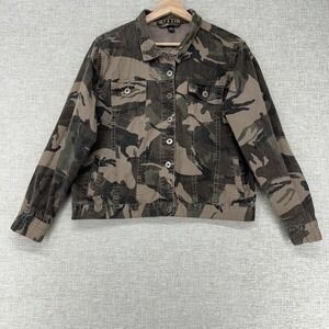 Taxi Denim Jacket Womens Large Green Camo Button Front Utility Casual